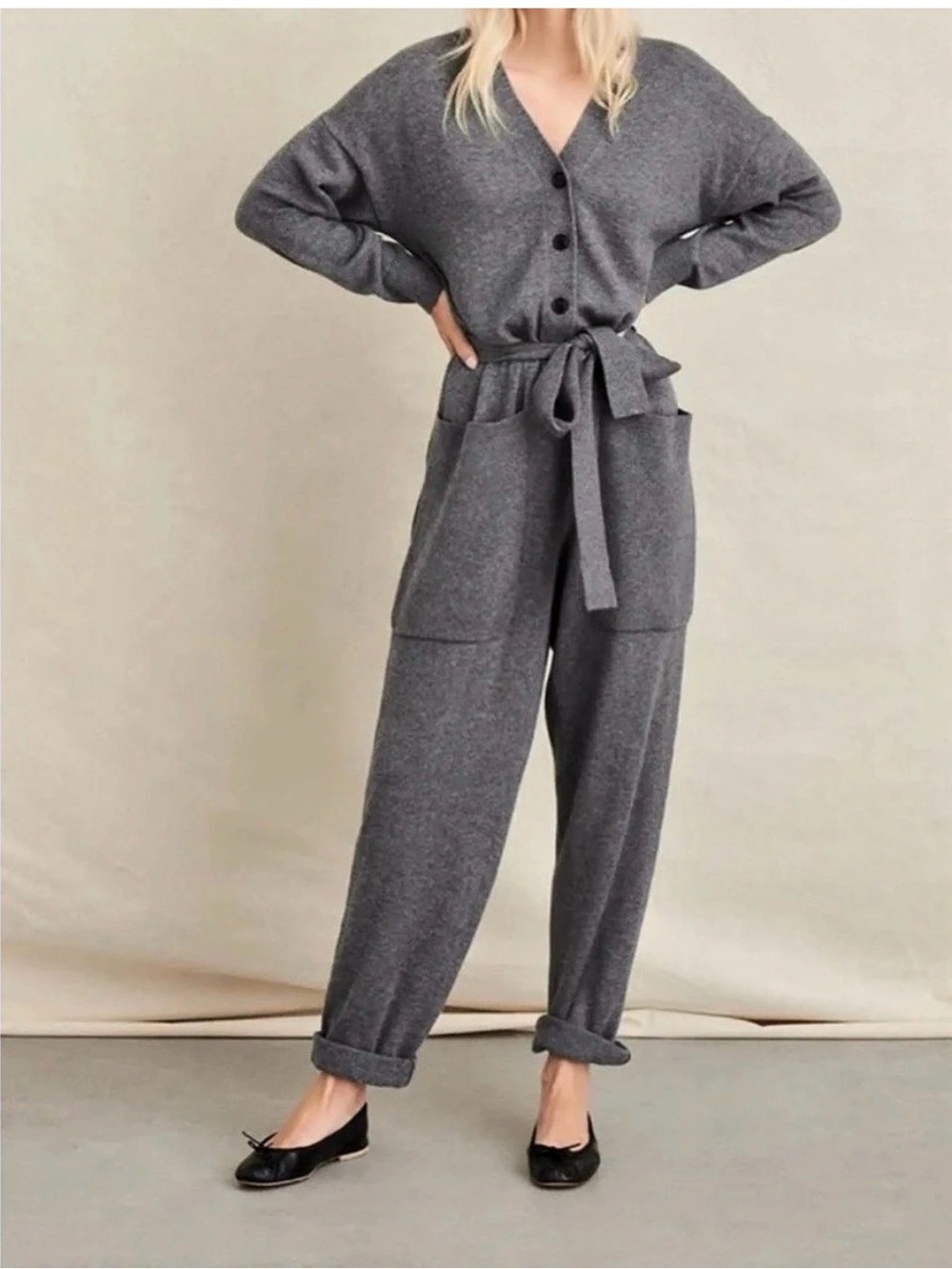 Alex Mill Charcoal Gray Knit Tie-Waist Jumpsuit